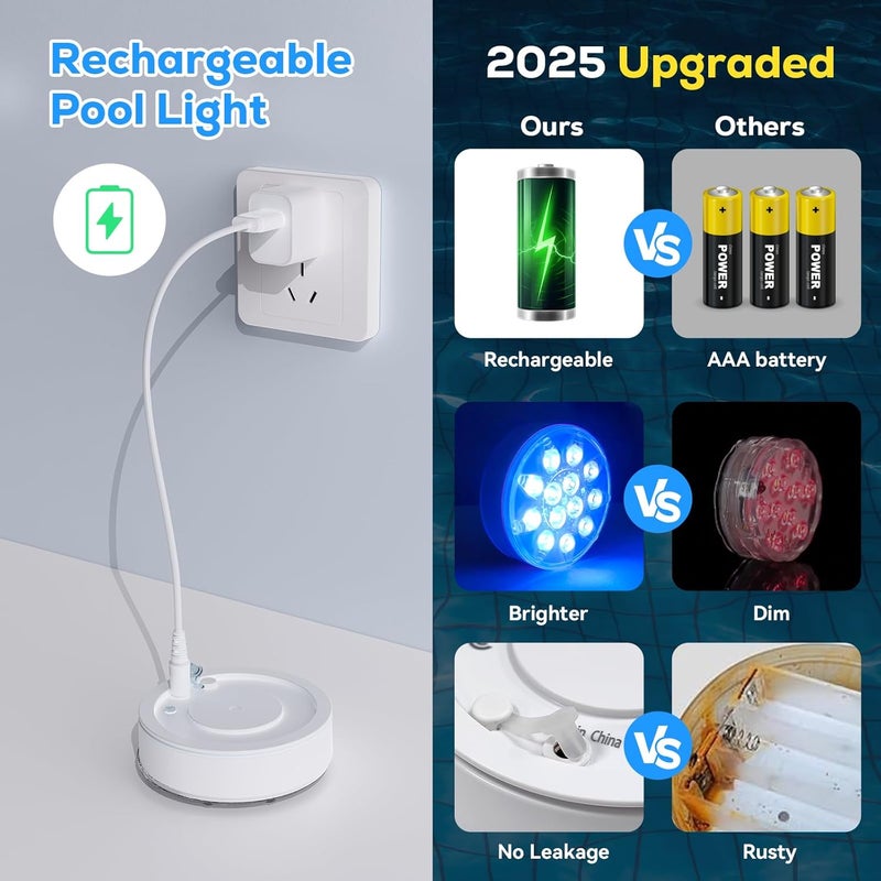 VICHTOP Rechargeable Pool Lights - 1 Pack, IP68 Waterproof Submersible LED Pool Lights with Remote, Pool Decor Light Accessories for Inground Pools, Above Ground Pools, Party Decoration - Image 3